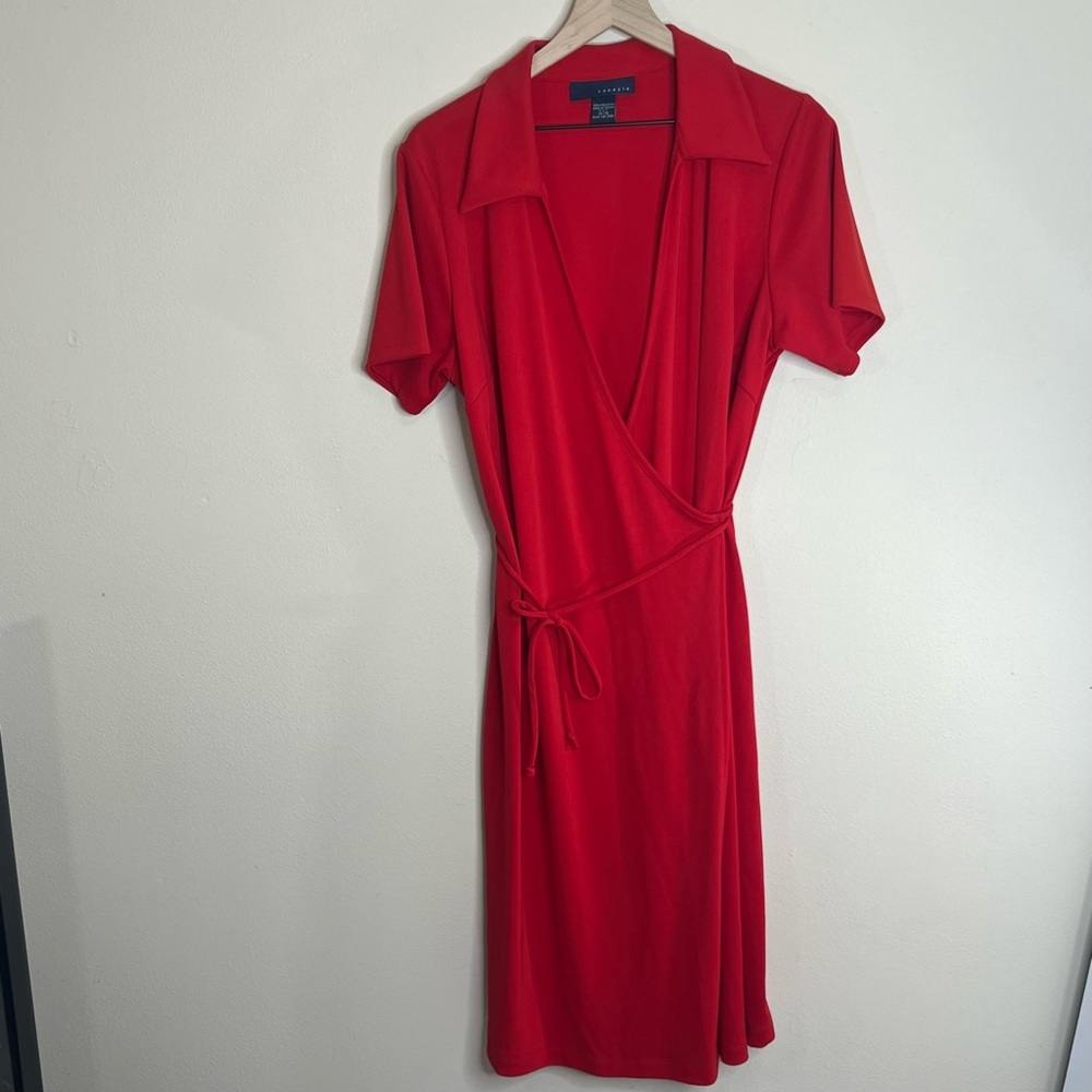 Vintage Venezia Red Wrap Dress 14/16 Collared Midi — Made in Taiwan ROC